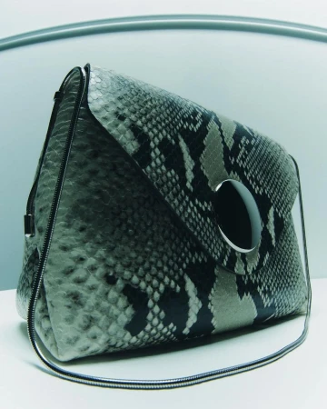 Fashionable snakeskin clutch purse with a metal closure and chain strap, photographed in a studio setting.