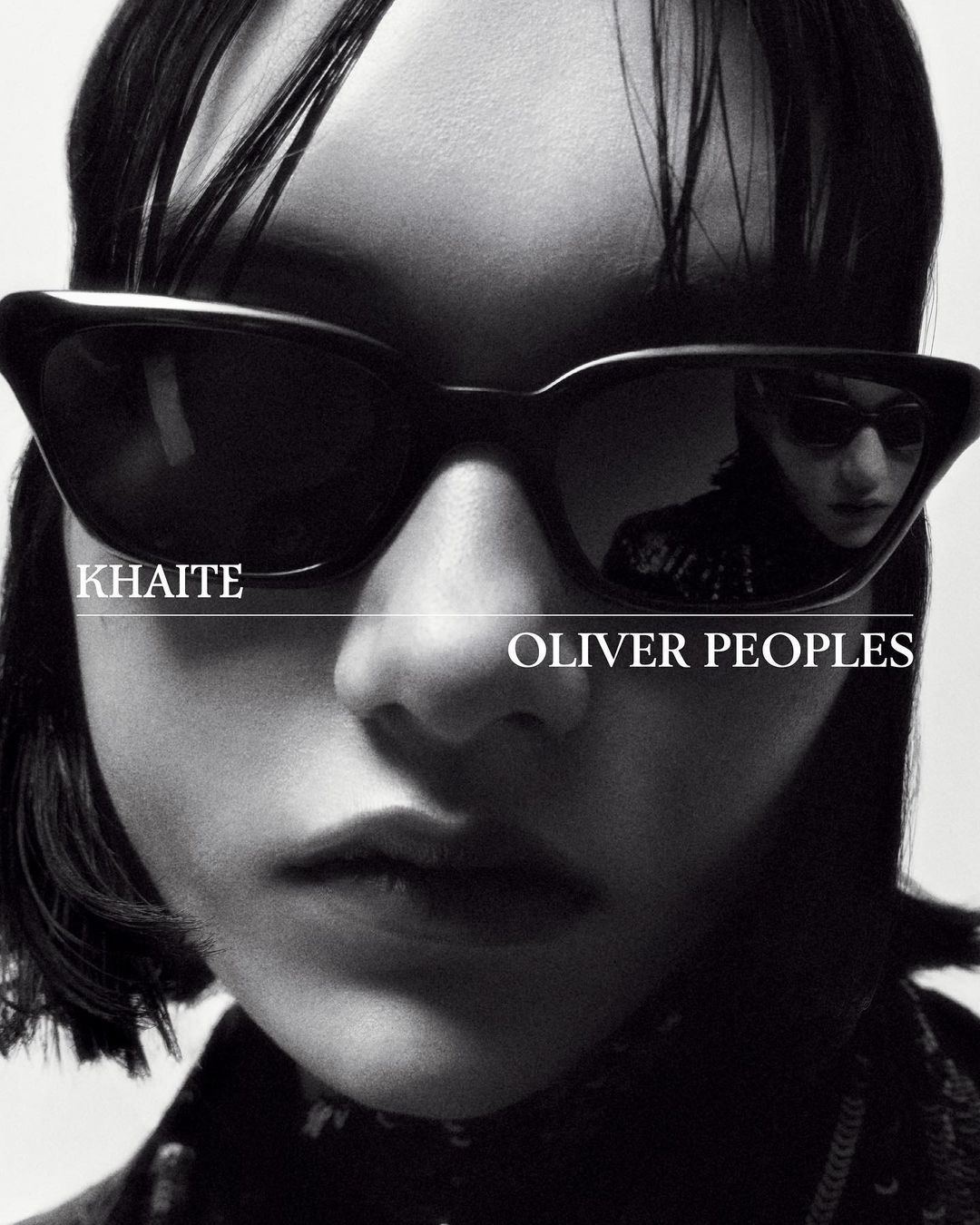 Black and white portrait of an adult woman wearing sunglasses, with KHATIE and OLIVER PEOPLES text overlays, showcasing fashion eyewear.