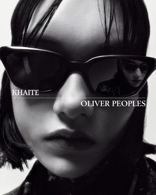 Black and white portrait of an adult woman wearing sunglasses, with KHATIE and OLIVER PEOPLES text overlays, showcasing fashion eyewear.