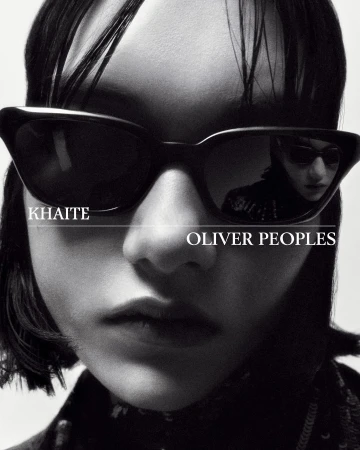 Black and white portrait of an adult woman wearing sunglasses, with KHATIE and OLIVER PEOPLES text overlays, showcasing fashion eyewear.