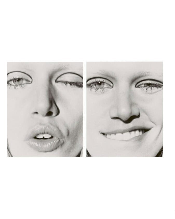 Close-up diptych of a fair-skinned adult woman's face, featuring two expressions: pursed lips on the left and a smile on the right.