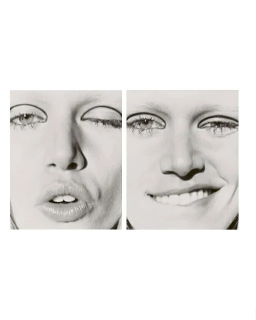 Close-up diptych of a fair-skinned adult woman's face, featuring two expressions: pursed lips on the left and a smile on the right.