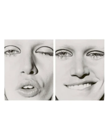Close-up diptych of a fair-skinned adult woman's face, featuring two expressions: pursed lips on the left and a smile on the right.