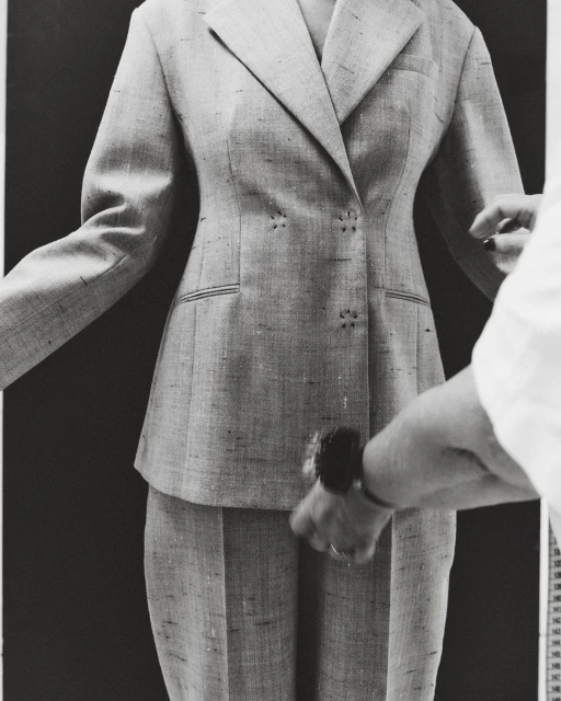 Tailored grey pant suit is closely examined by a hand wearing a dark watch, on a dark background with measuring tape on the right.