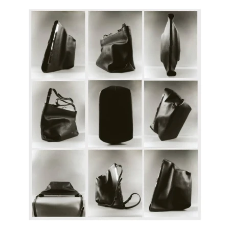 Monochrome product shot featuring a grid of black leather handbags in different shapes and orientations against a neutral background.