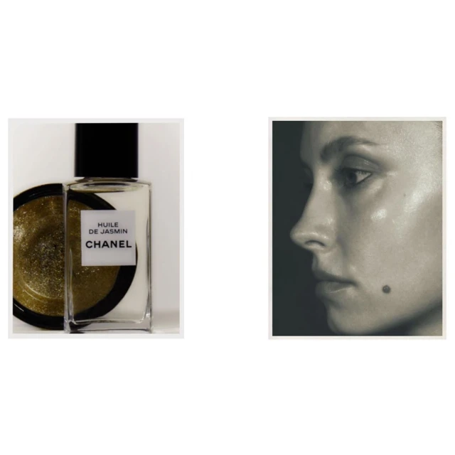 Beauty shot featuring Chanel skincare product and a model's profile, highlighting product placement and aesthetic focus on skincare.