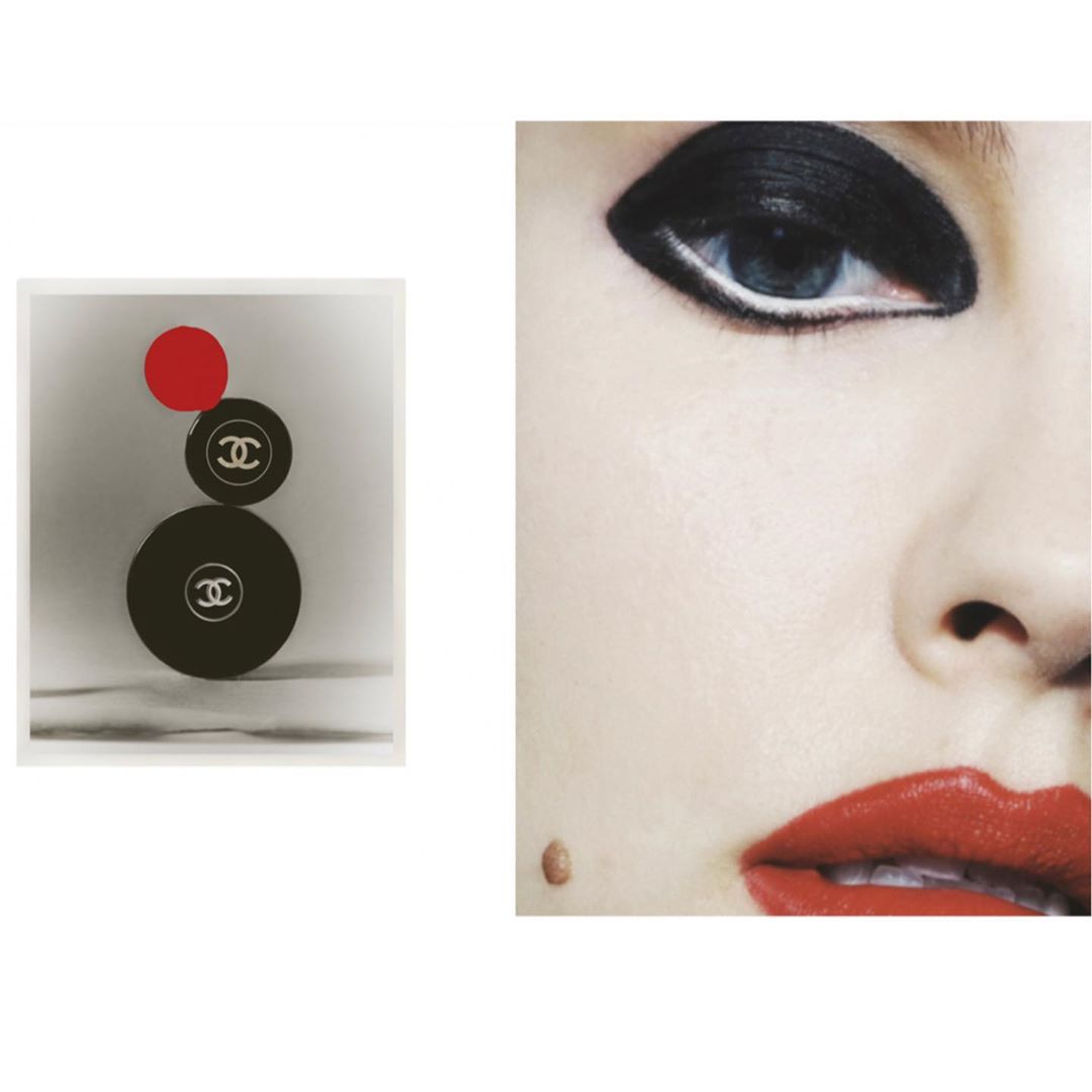 Close-up of a woman's face with black eyeshadow and red lipstick, alongside an artistic shot of Chanel compacts and a red circle.
