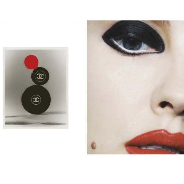 Close-up of a woman's face with black eyeshadow and red lipstick, alongside an artistic shot of Chanel compacts and a red circle.