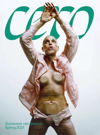 Magazine cover featuring a woman in a pink shirt with hands raised, against a light background with green lettering and brand name.
