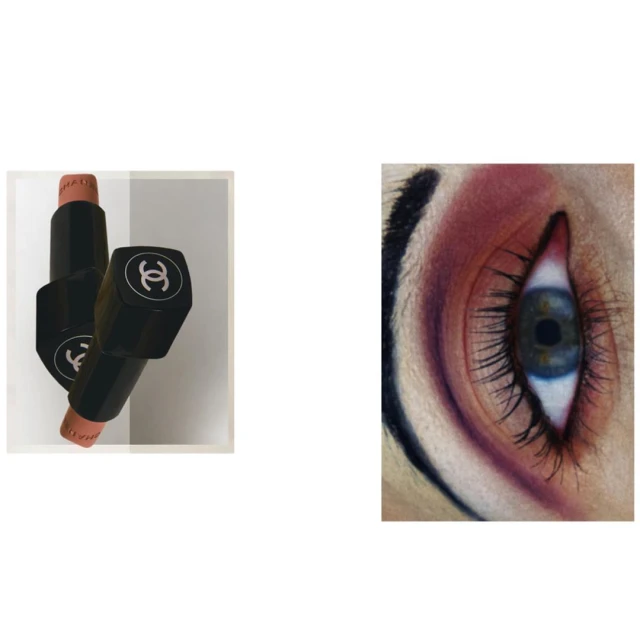 Close-up beauty shot featuring a makeup-enhanced eye next to Chanel lipstick tubes in a simple display; beauty and cosmetics.