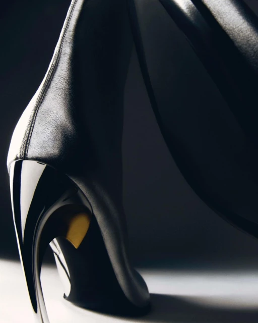 High fashion black leather high-heel boot with a curved heel against a dark grey background in a studio setting.
