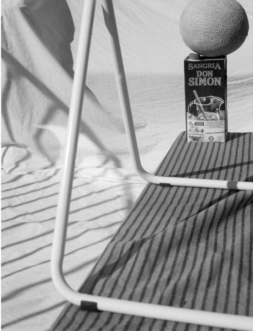 Still life of melon atop sangria carton, with table frame creating shadows against a white background in a monochrome image.