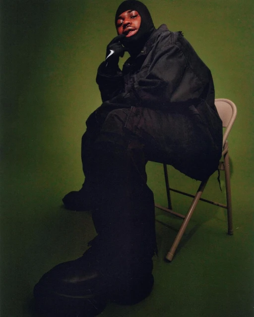 Adult male in balaclava and black clothing sitting on chair against green backdrop in studio setting in a medium shot.