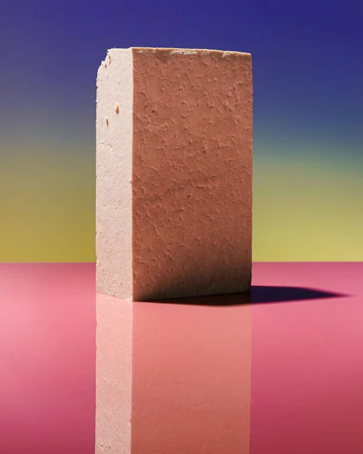 Block stands on a pink reflective surface against a purple and yellow gradient background in a studio shot for graphic design.