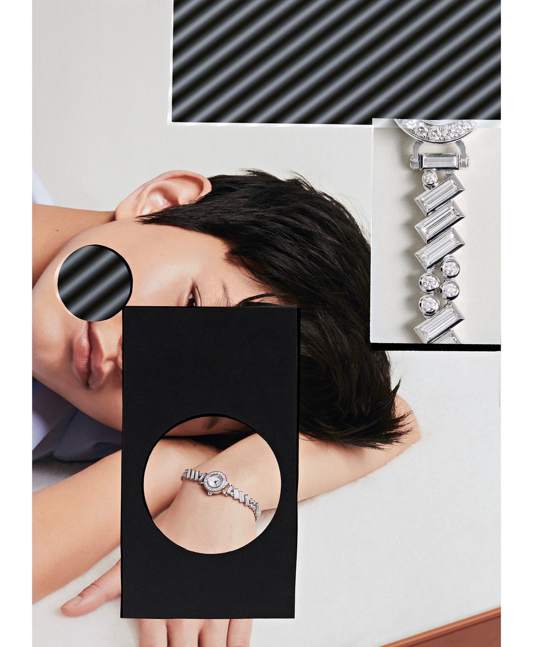 Woman wearing a diamond watch on her wrist, with an artistic, graphically-enhanced composition in a bright studio setting.