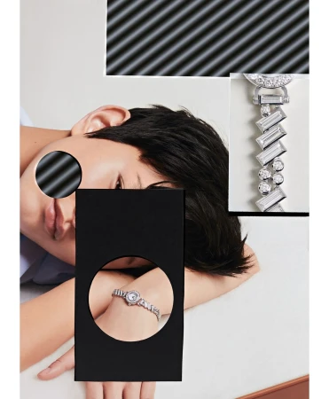 Woman wearing a diamond watch on her wrist, with an artistic, graphically-enhanced composition in a bright studio setting.