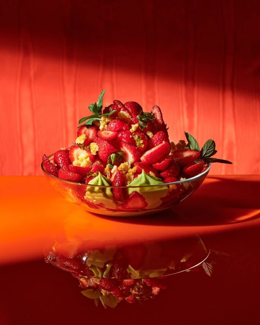 Bright food still life of strawberry dessert in a glass bowl against an orange background with a reflection of the bowl on the surface.