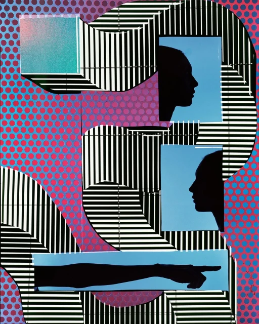 Abstract collage art features silhouetted female profiles, a pointing arm, and geometric shapes in pink, blue, black, and white tones.