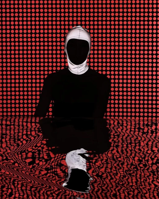 Abstract art of a person wearing a reflective balaclava, posed in a lotus position in front of a red and black dotted background.