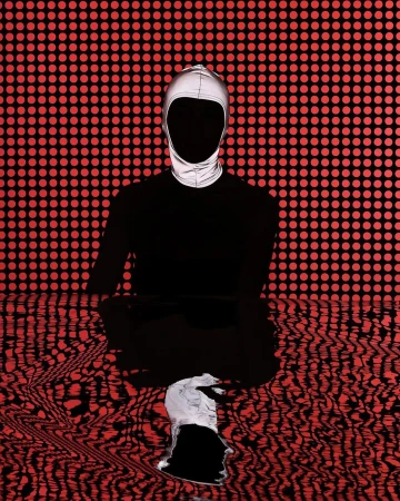 Abstract art of a person wearing a reflective balaclava, posed in a lotus position in front of a red and black dotted background.