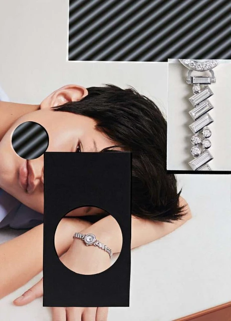 Close-up studio shot of a person with short dark hair, showcasing a diamond watch on their wrist, accented by geometric shapes and patterns.