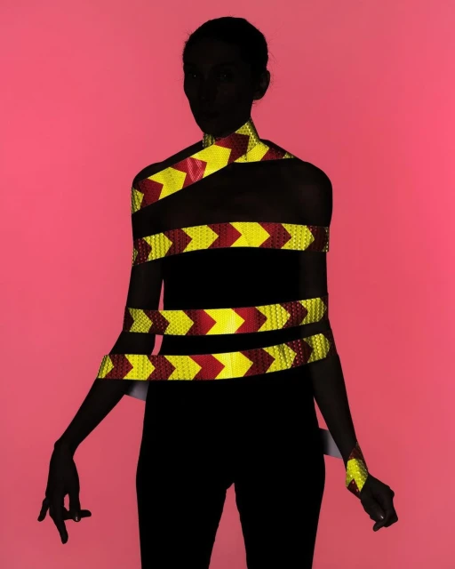 Silhouette of a woman wrapped in yellow and red chevron patterned tape against a solid pink backdrop in a studio lighting setting.