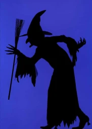 Silhouette of a witch holding a broomstick against a vibrant blue background by Hannah Whitaker