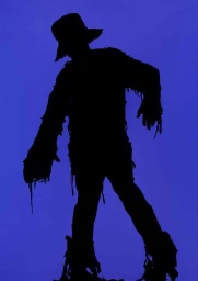 Dark silhouette of a figure wearing a wide-brimmed hat against a vibrant solid blue background
