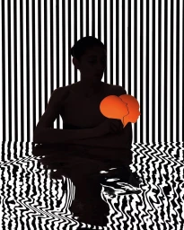 Silhouette of a woman holding glowing orange profile cutouts against a striped black and white vertical background