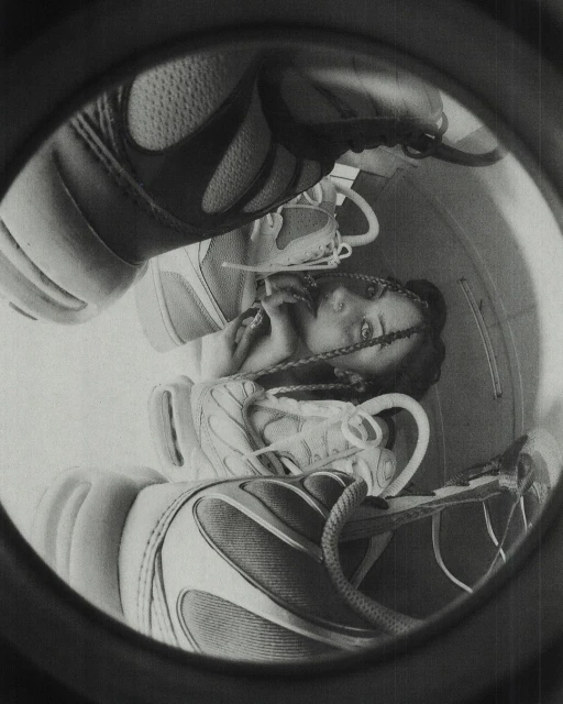 Monochrome portrait of an adult female framed by athletic shoes within a circular border, creating a unique and surreal composition.