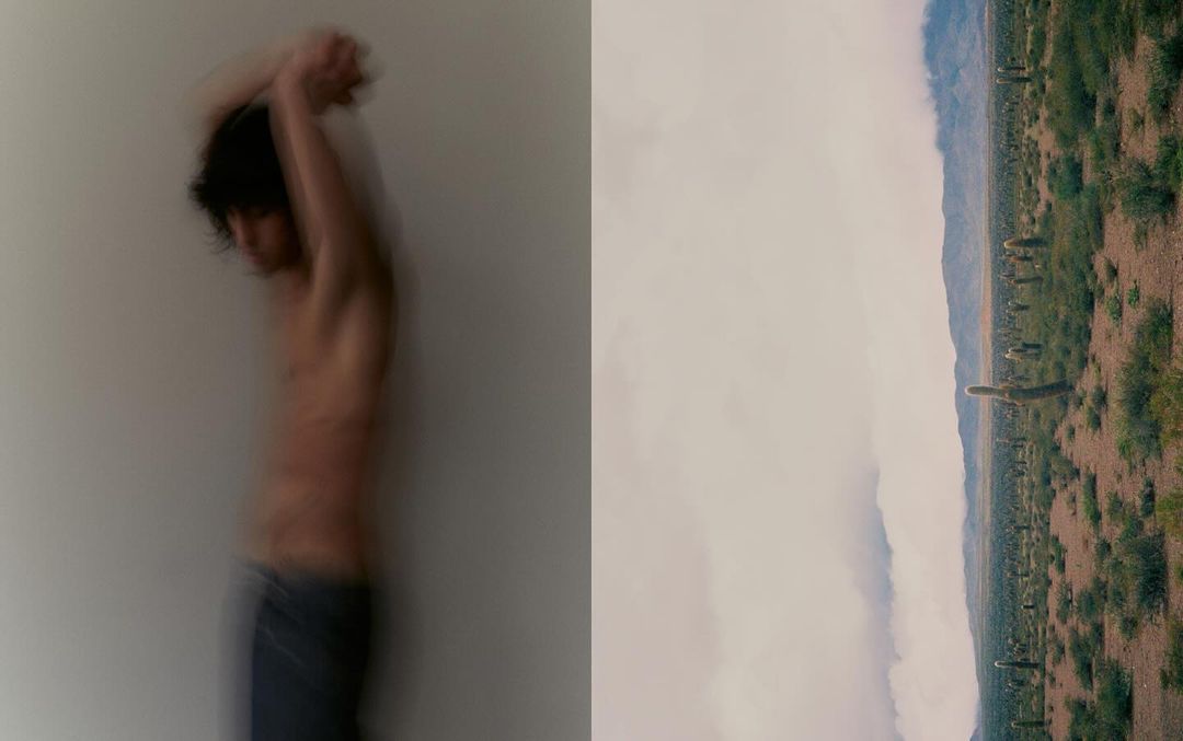 Diptyque image showing a blurred shirtless man on the left and a desert landscape with cacti on the right by Hannes M. Meier.