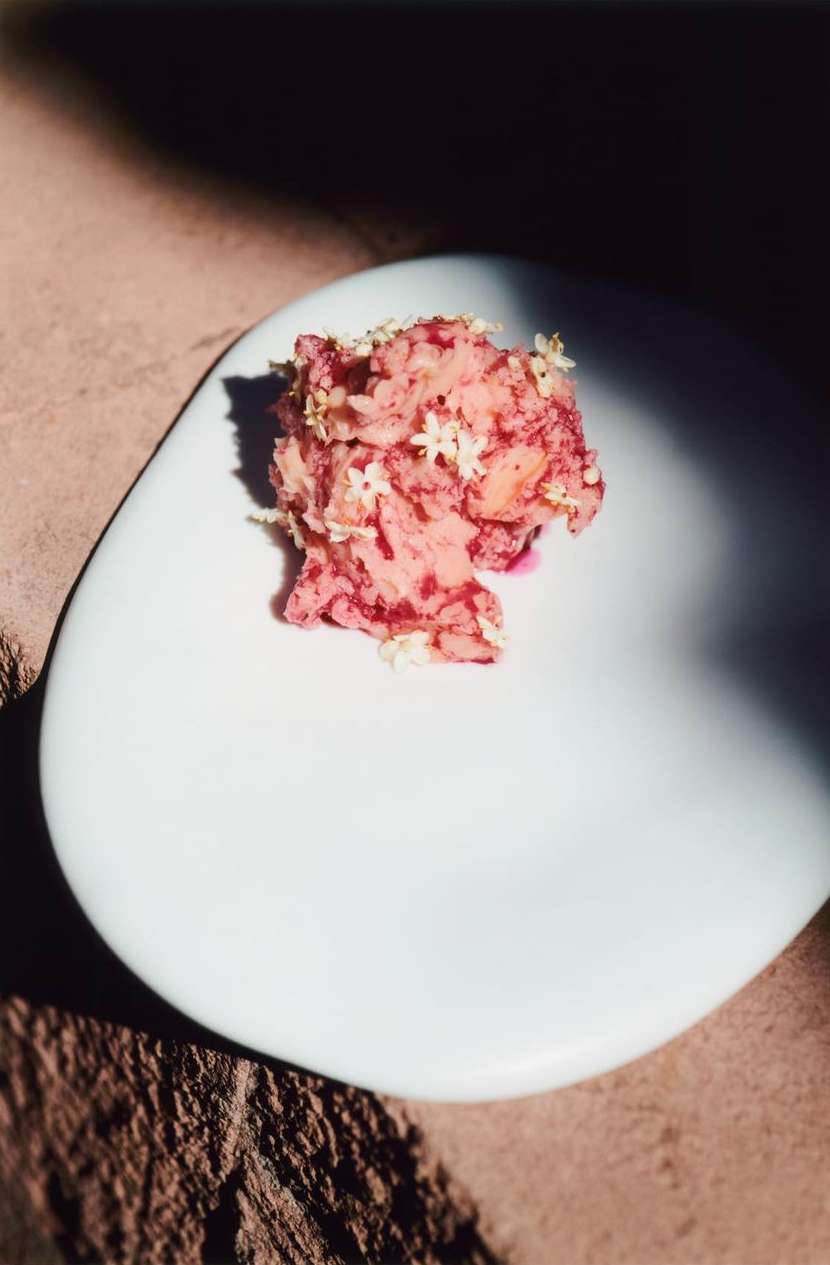 Overhead shot of pink food dish garnished with flowers on a white plate set against a stone background in natural light.