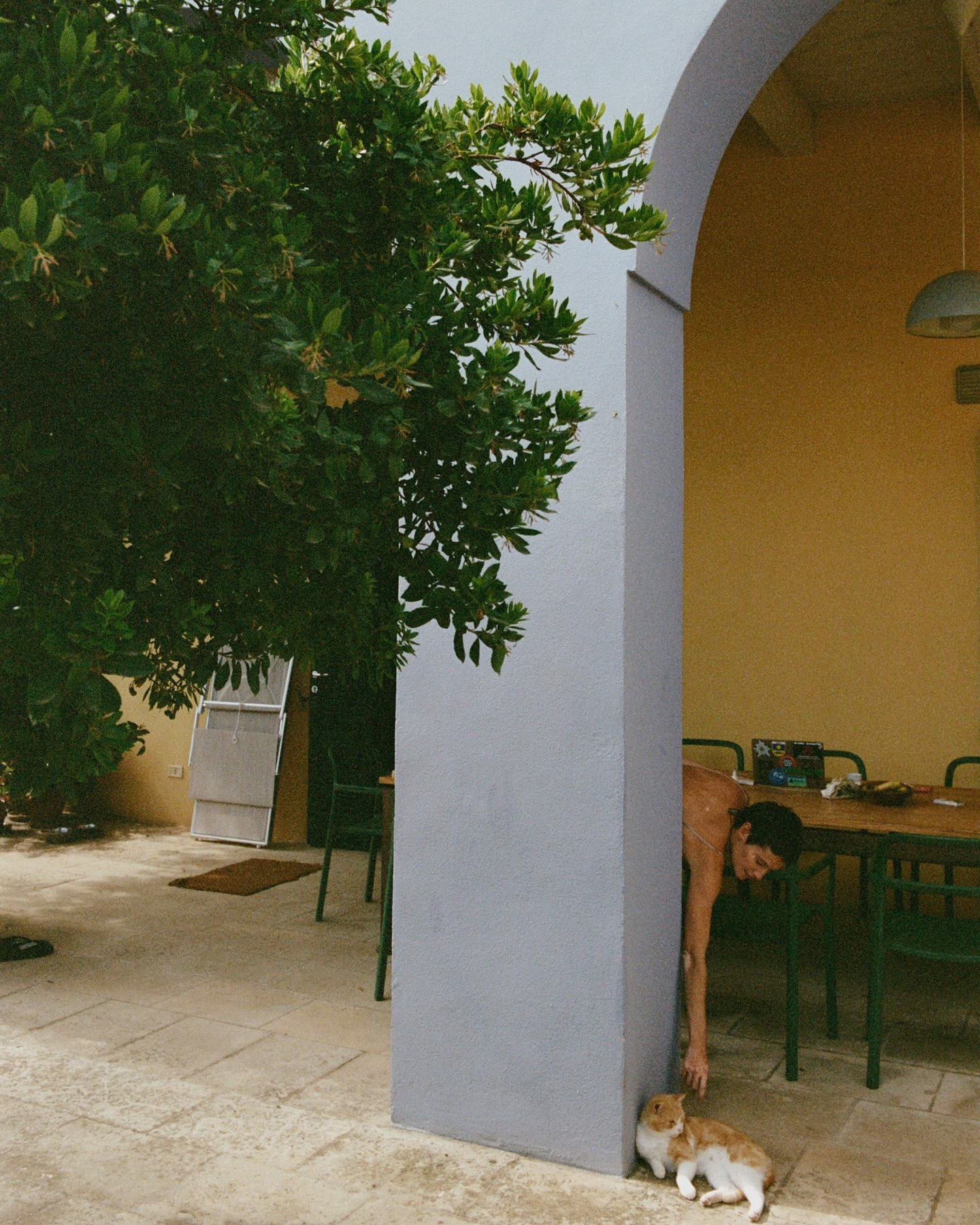 Woman interacts with a rabbit outdoors near a building with an arched doorway, enhanced by verdant trees and natural light.