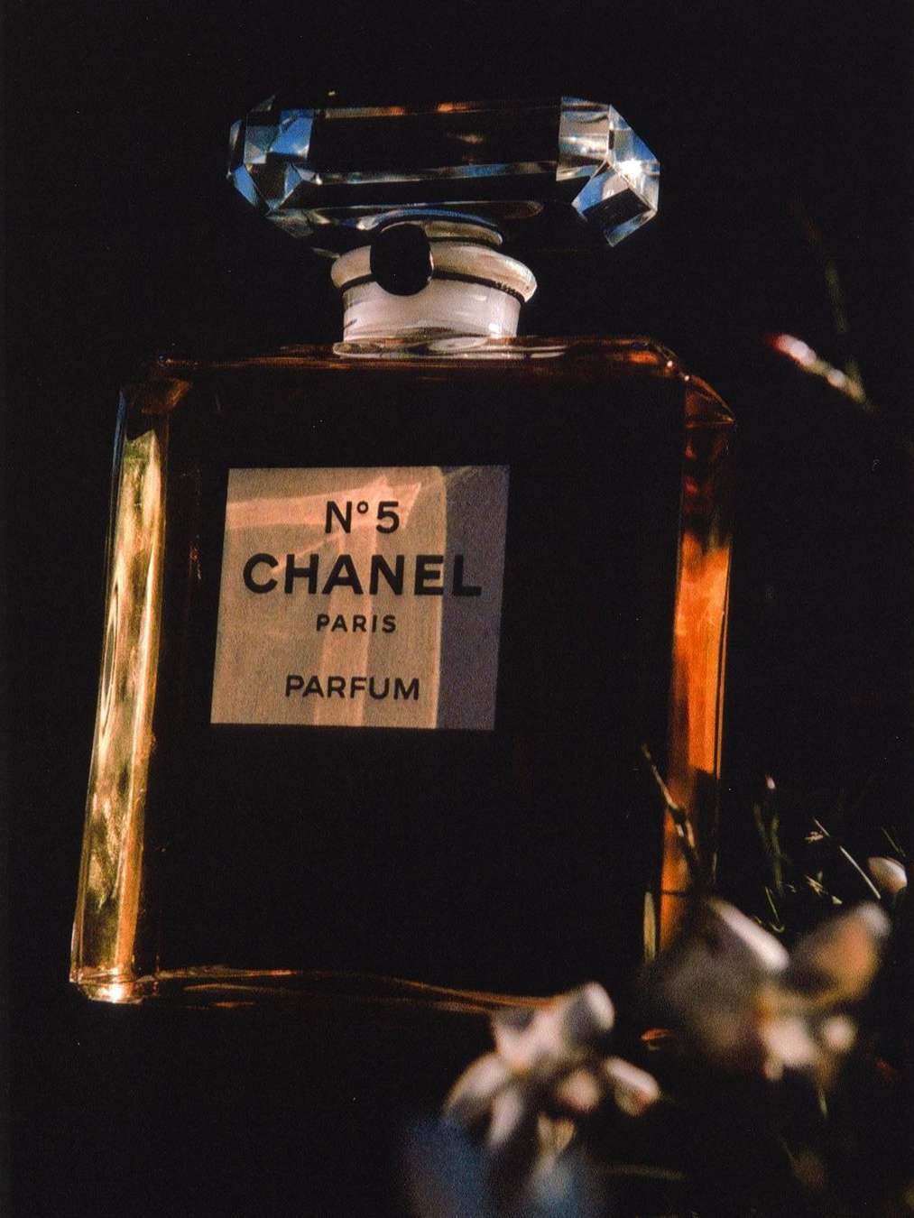 Close-up product shot of Chanel No. 5 Parfum bottle featuring a faceted crystal stopper, gold accents, and white floral details in the foreground.