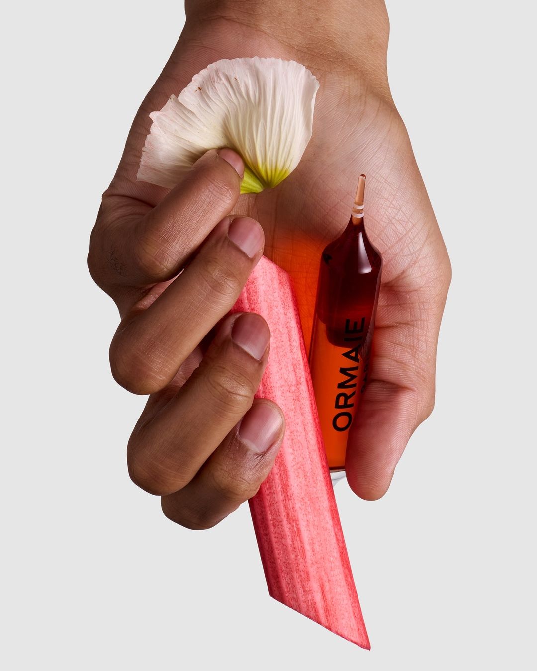 Hand holding a poppy petal, a skincare ampoule, and a red cosmetic spatula against a light grey background in a beauty shot.