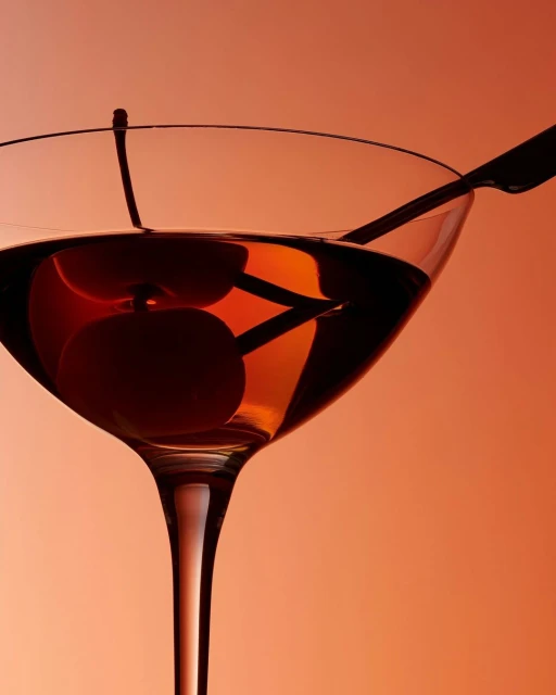 Close-up studio shot of a stemmed cocktail glass with a dark amber liquid and two cherries, one skewered with a metal cocktail pick.
