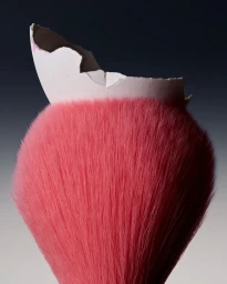 Cracked white eggshell sitting atop a dense, vibrant pink bristled brush against a soft gradient background.