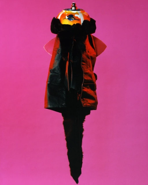 Still life of a black leather coat with fur trim, draped over a mannequin head under lamp, against a vibrant pink background, studio setting.