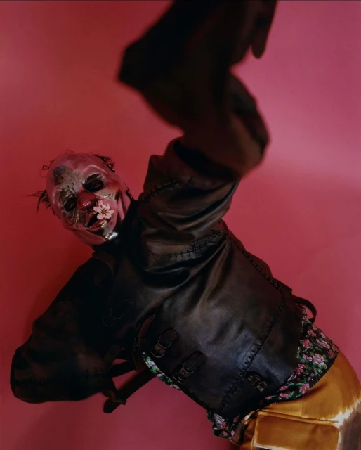 Person in a mask wearing a leather jacket bending backward against a pink background in a portrait orientation photograph.