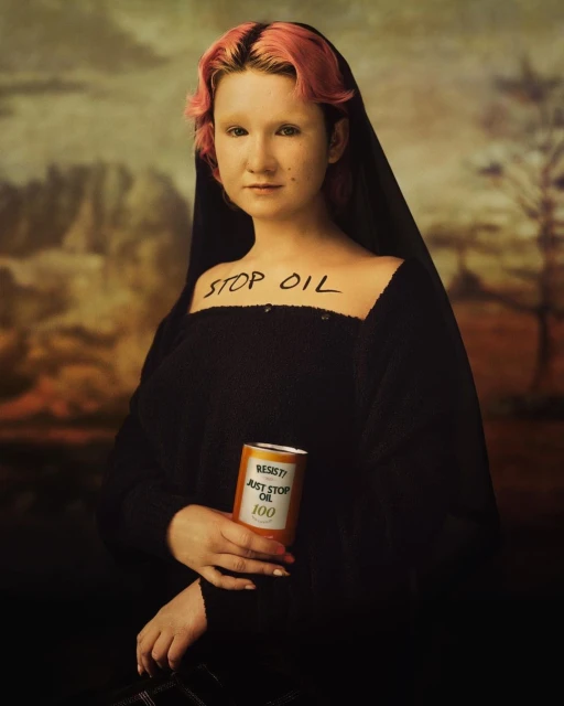 A digitally manipulated image of a young woman resembling the Mona Lisa, holding a prop can with 'STOP OIL' text. The backdrop is blurred.