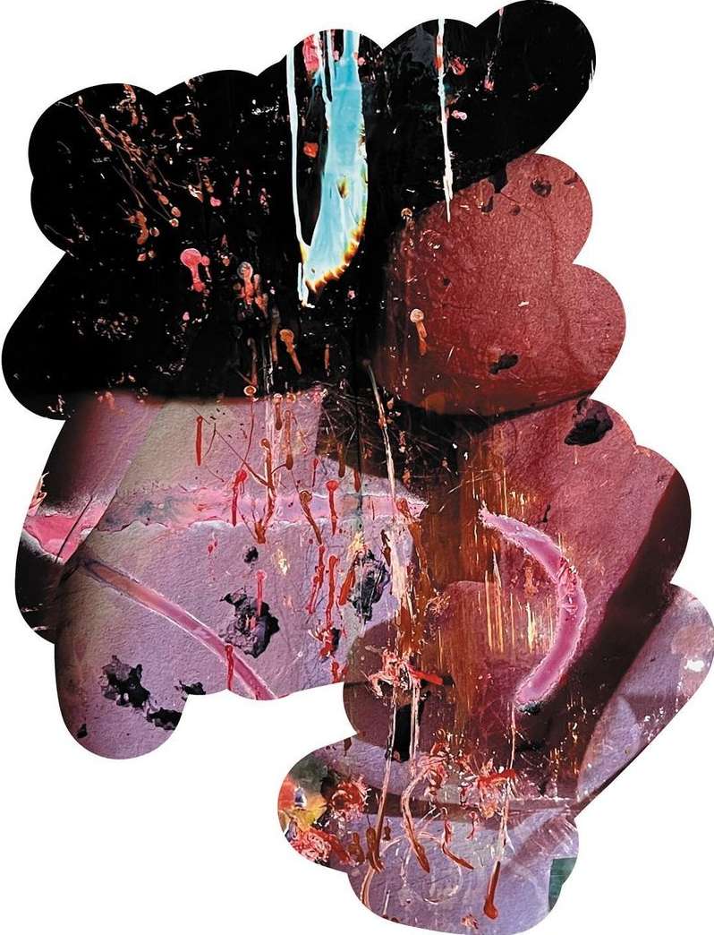 Abstract art with cloud-like shapes in black, red, and purple, featuring paint splatters and an organic, flowing composition on a white background.