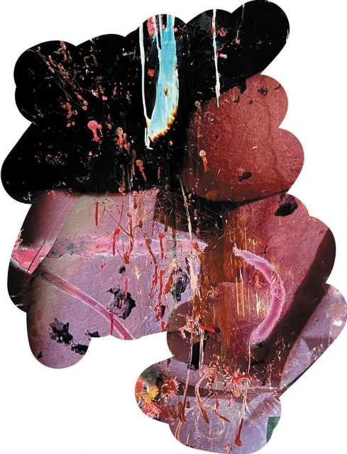 Abstract art with cloud-like shapes in black, red, and purple, featuring paint splatters and an organic, flowing composition on a white background.