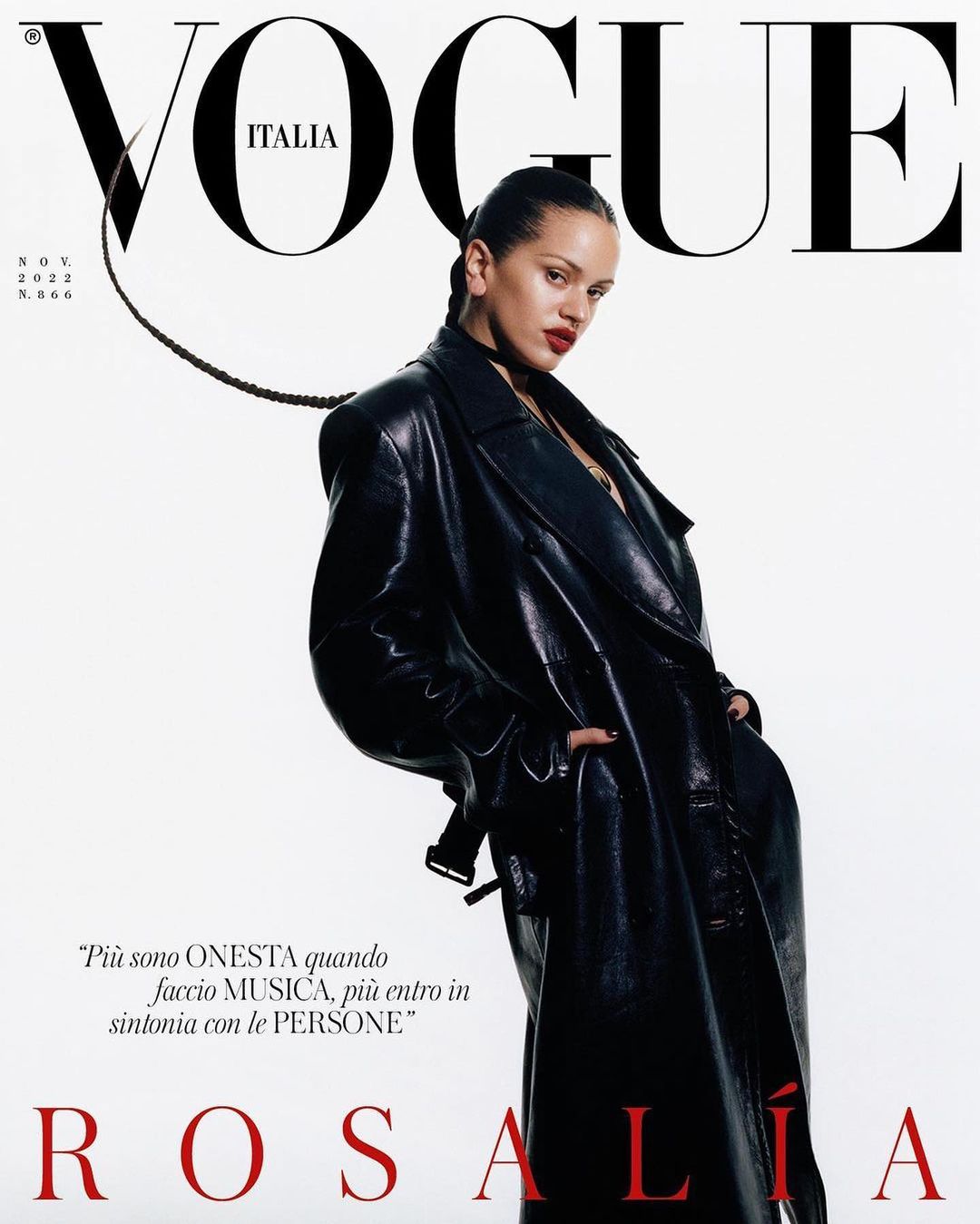 Vogue Italia magazine cover featuring Rosalía wearing a black leather trench coat and posing against a bright, neutral background.
