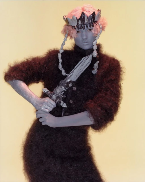 Artistic image features a human with blue skin, a crown, and ornate clothing against a light yellow backdrop, creating a striking contrast.