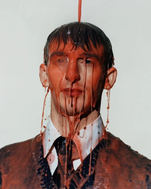 Portrait of an adult male with a neutral expression, covered in red liquid, wearing a white collared shirt and a dark v-neck sweater.