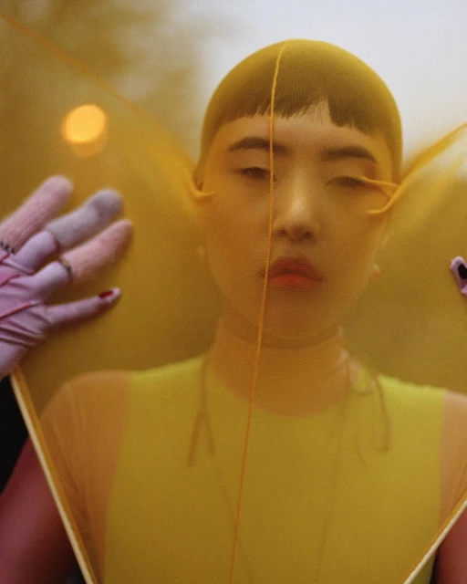 Portrait of a person in a yellow shirt and yellow mesh head covering with gloved hands holding a semi-transparent yellow panel.