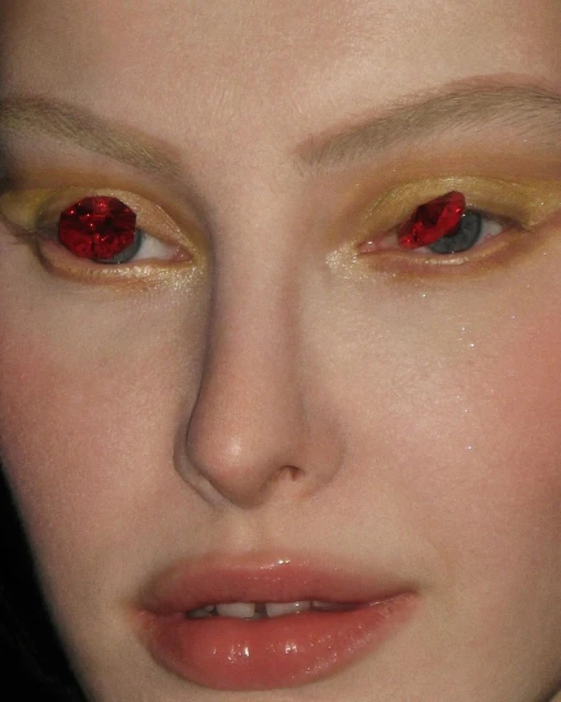 Close-up portrait of a fair-skinned adult female with fair hair and unique makeup including red jewels over her eyes and gold eyeshadow.
