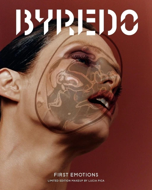 Byredo limited-edition makeup campaign features an adult female with makeup application and artistic overlay on a reddish-brown background.