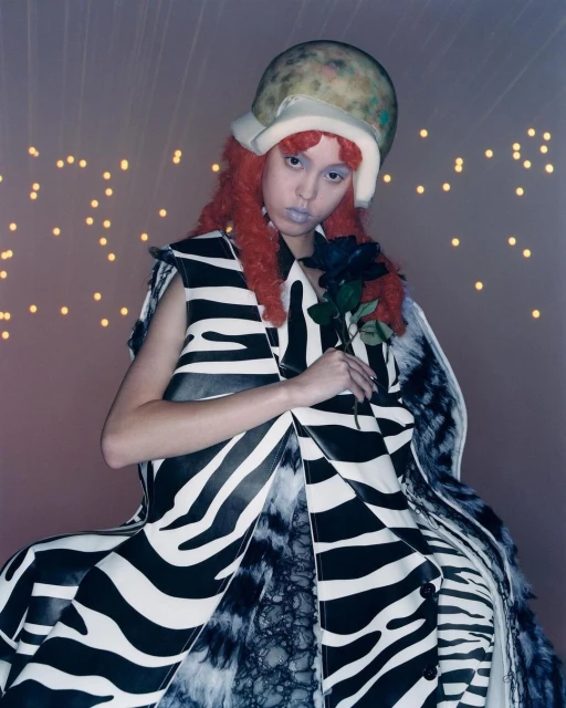 A woman with red hair and a unique helmet poses with a black rose, wearing a zebra-striped coat in a softly lit studio environment.