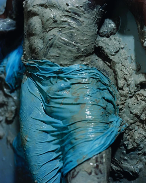 Close-up of a muscular adult torso with a blue cloth wrap, covered in wet grey mud. The lighting is soft, and the texture is rough.